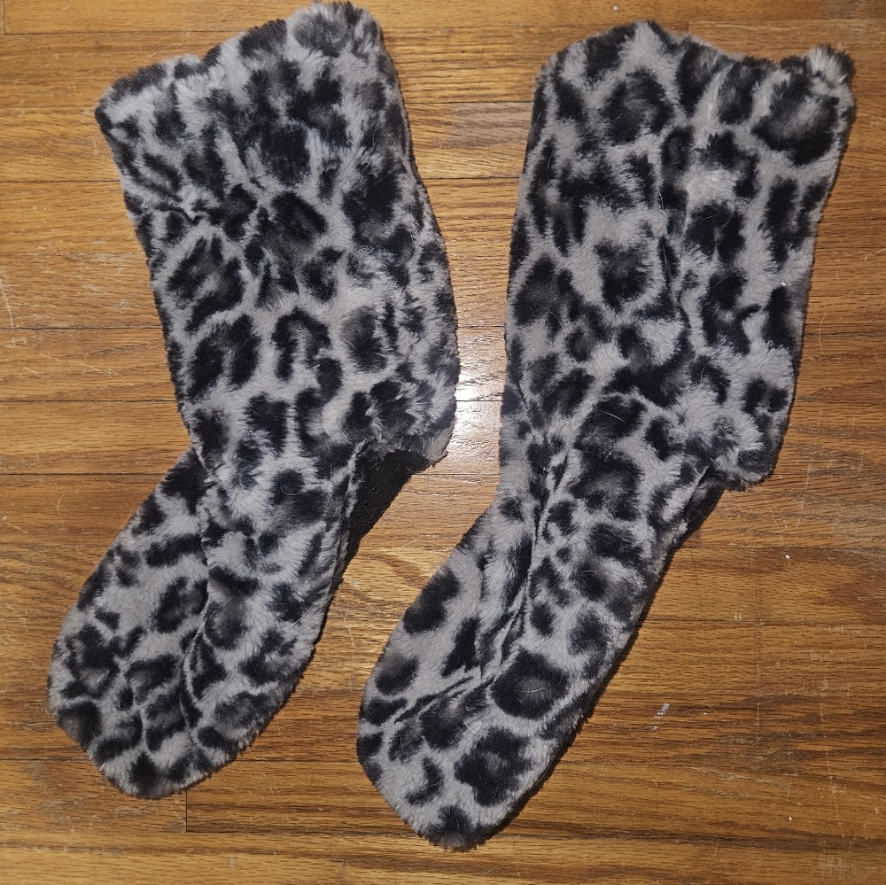 Faux Fur Fuzzy Leopard Print Boot Socks/ Slippers